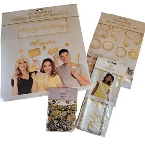 Gold & White 40th Birthday Party Kit - Photo Booth, Decor, Sash & Confetti